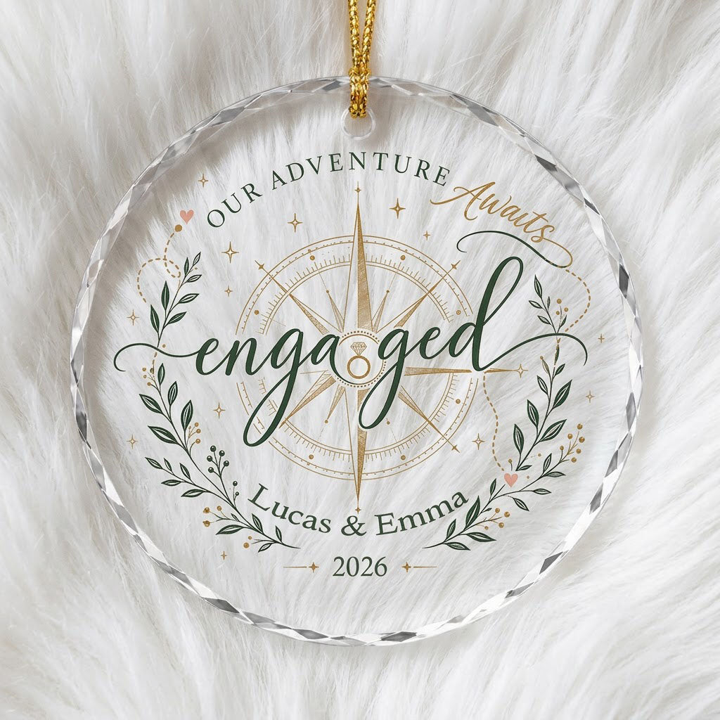 Personalized Our Adventure Awaits Engaged Compass Round Glass Ornament