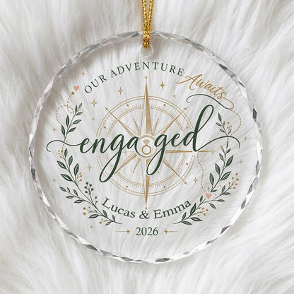 Personalized Our Adventure Awaits Engaged Compass Round Glass Ornament