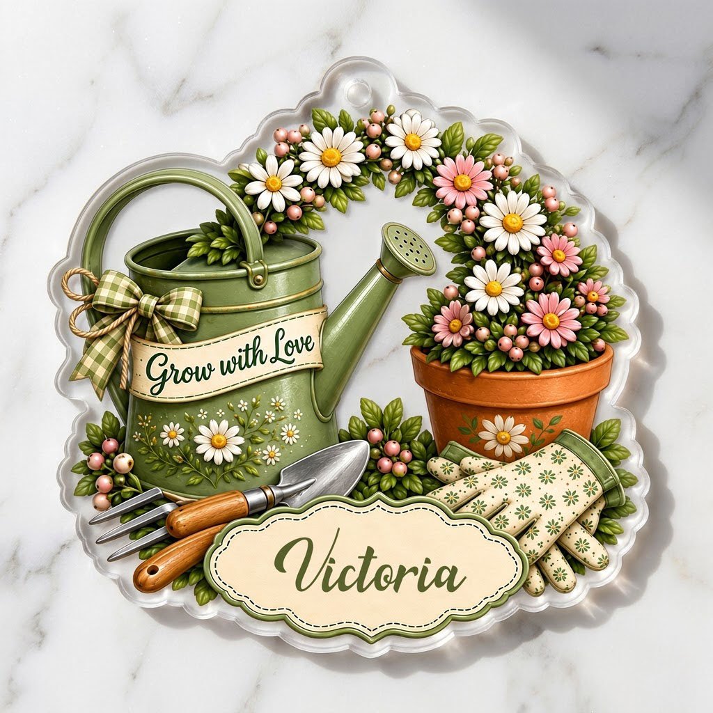 Green watering can with bow, garden tools, and floral pot with ‘Grow with Love’ and a name on a clear acrylic ornament.