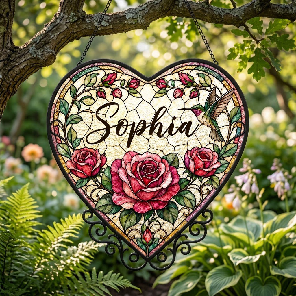 Heart stained-glass suncatcher with pink and red roses, a right-side hummingbird, and a multi-colored border.