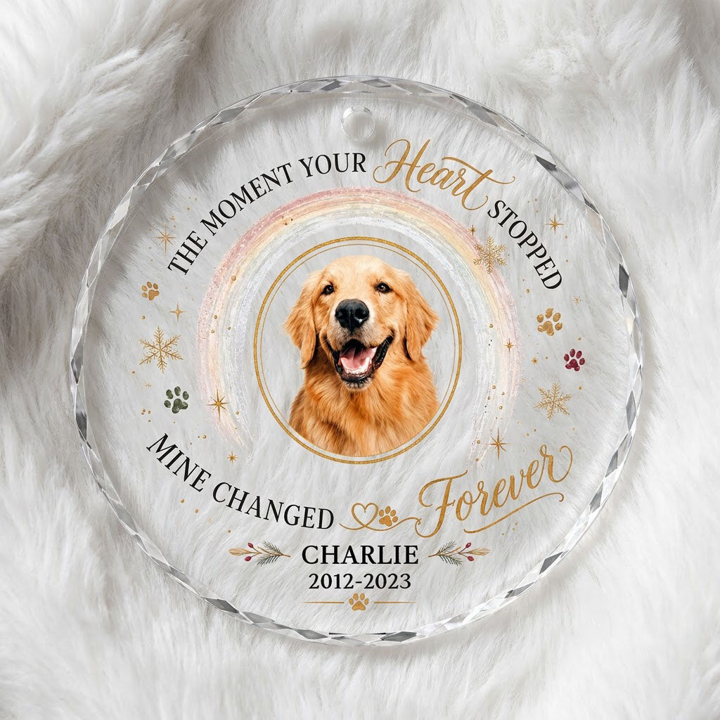 Personalized Dog Memorial Photo The Moment Your Heart Stopped Round Glass Ornament
