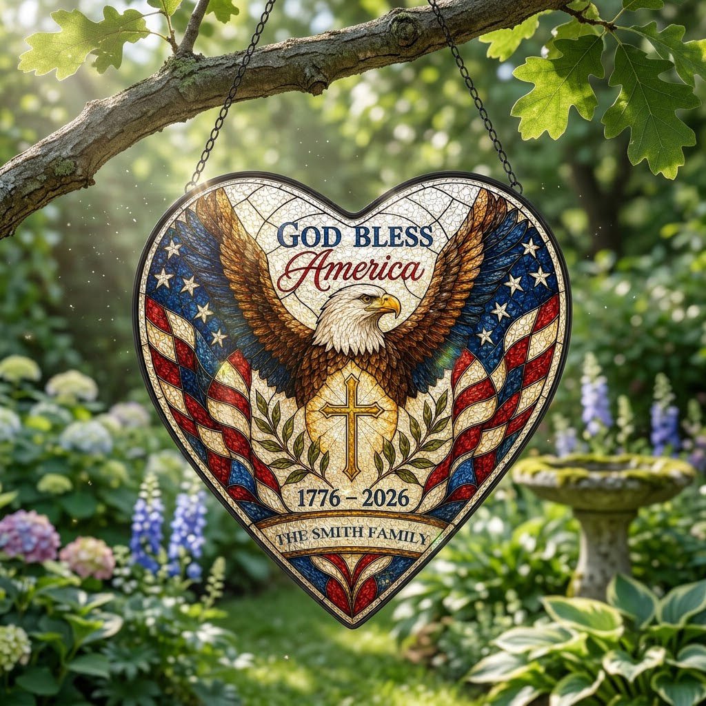 Heart-shaped stained glass suncatcher with a bald eagle over a golden cross and American flag border.