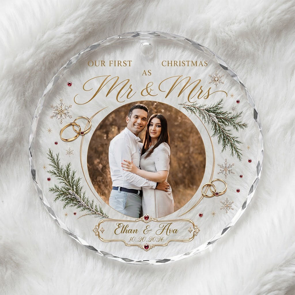 Round glass ornament with couple photo, gold wedding rings, snowflakes and 'OUR FIRST CHRISTMAS AS Mr & Mrs'.