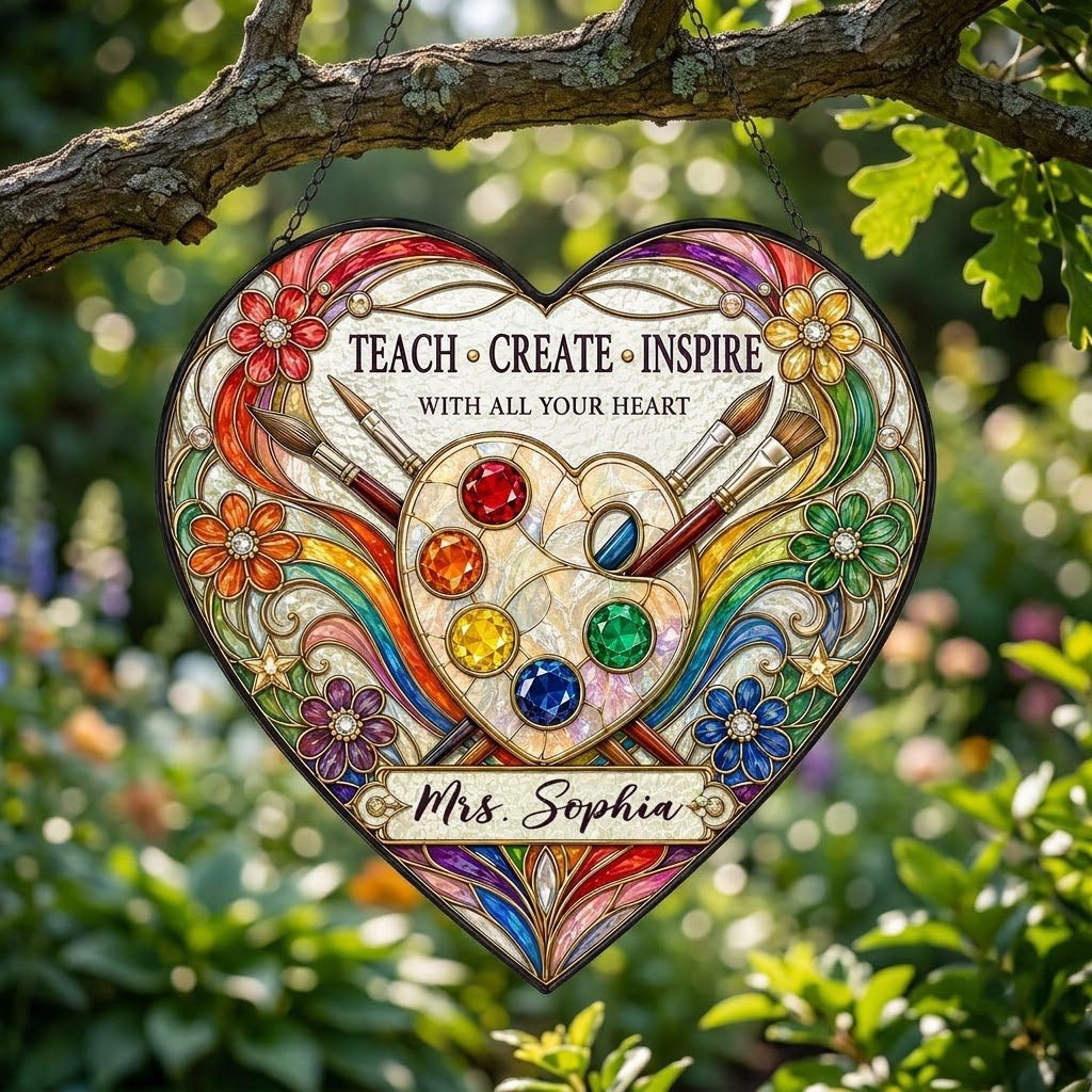 Heart-shaped stained glass suncatcher with palette, brushes, rainbow arcs, flowers and 'Teach • Create • Inspire'.