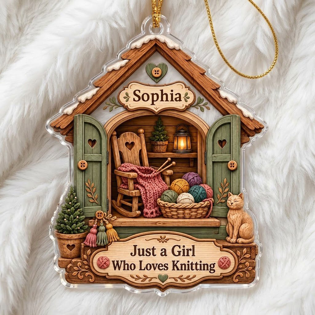 House-shaped acrylic ornament with cozy knitting shed scene and 'Just a Girl Who Loves Knitting' text.
