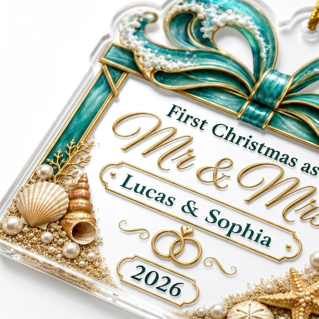 Personalized Beach Ocean Wave Gift Box First Christmas as Mr & Mrs Acrylic Ornament, Custom Destination Wedding Keepsake
