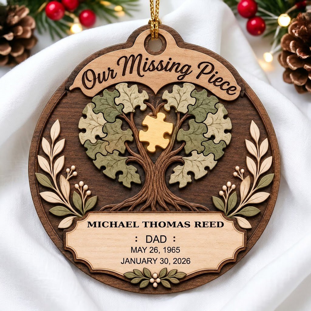 Round wood ornament displays “Our Missing Piece” with a puzzle-piece family tree and a gold missing piece at the center.
