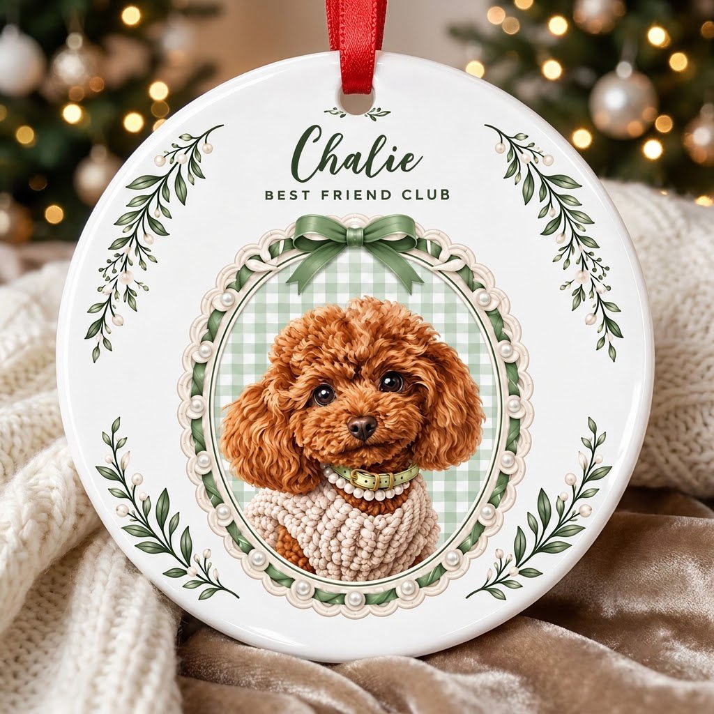 Round ceramic ornament with a poodle portrait, 'BEST FRIEND CLUB', green gingham, bow, and leafy sprigs.