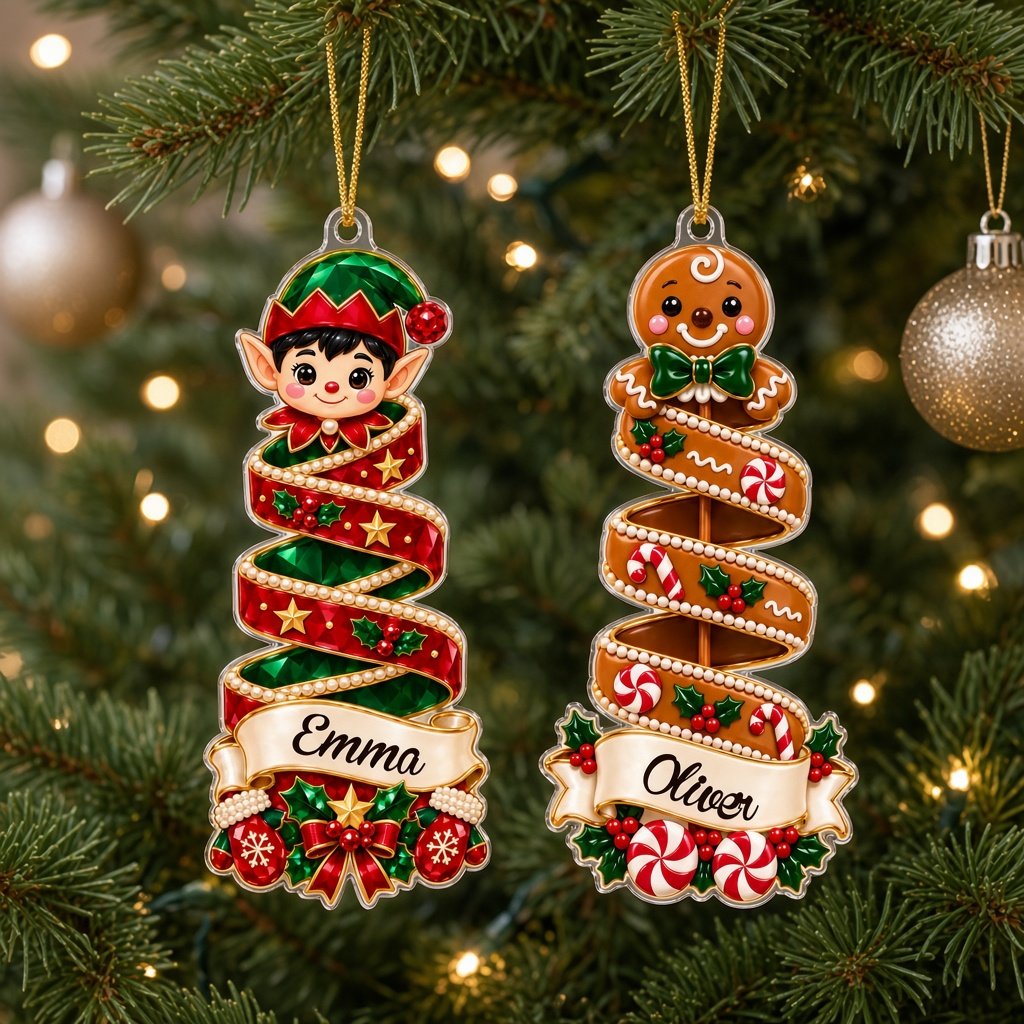 Clear acrylic spiral tree ornament with peppermint or elf top, holly and candy details, and a personalized name banner.