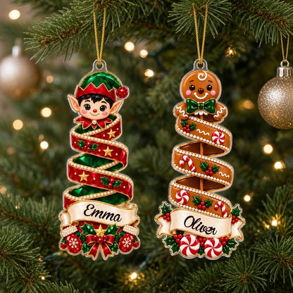 Clear acrylic spiral tree ornament with peppermint or elf top, holly and candy details, and a personalized name banner.