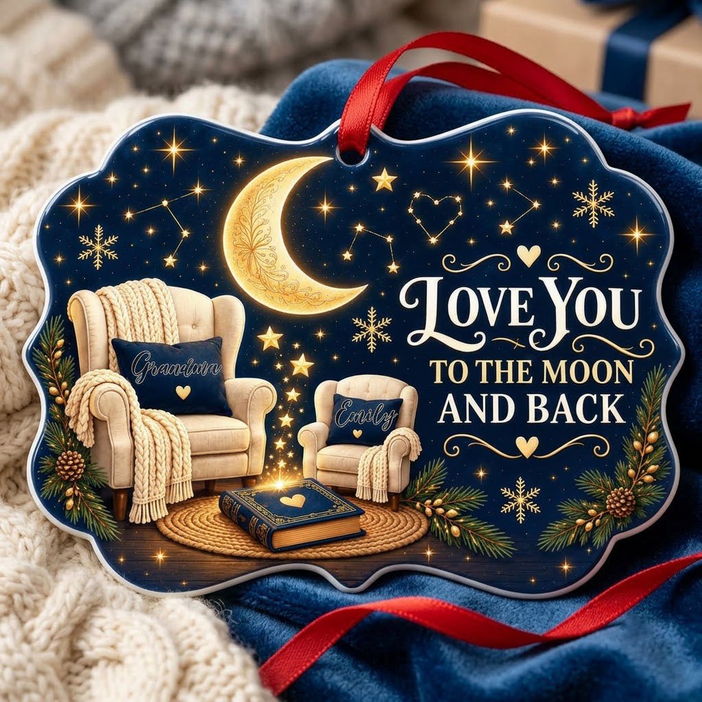 Medallion ceramic ornament with golden moon, stars, two chairs, and 'LOVE YOU TO THE MOON AND BACK' text.
