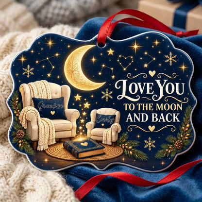 Medallion ceramic ornament with golden moon, stars, two chairs, and 'LOVE YOU TO THE MOON AND BACK' text.