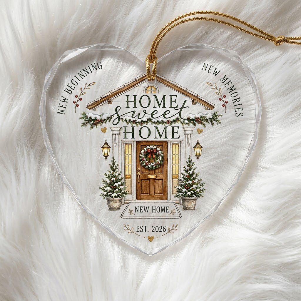 Home Sweet Home Winter Front Porch Heart Glass Ornament