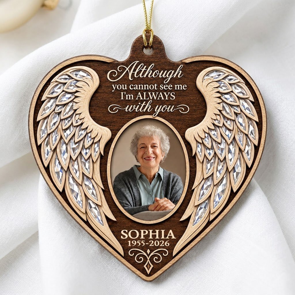 Heart wood ornament with angel wings, oval photo, and the quote 'Although you cannot see me I'm ALWAYS with you'.