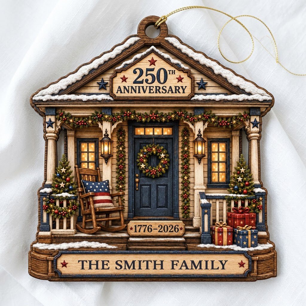 House-shaped ornament with patriotic porch, blue door, wreath, and '250TH ANNIVERSARY 1776-2026' text
