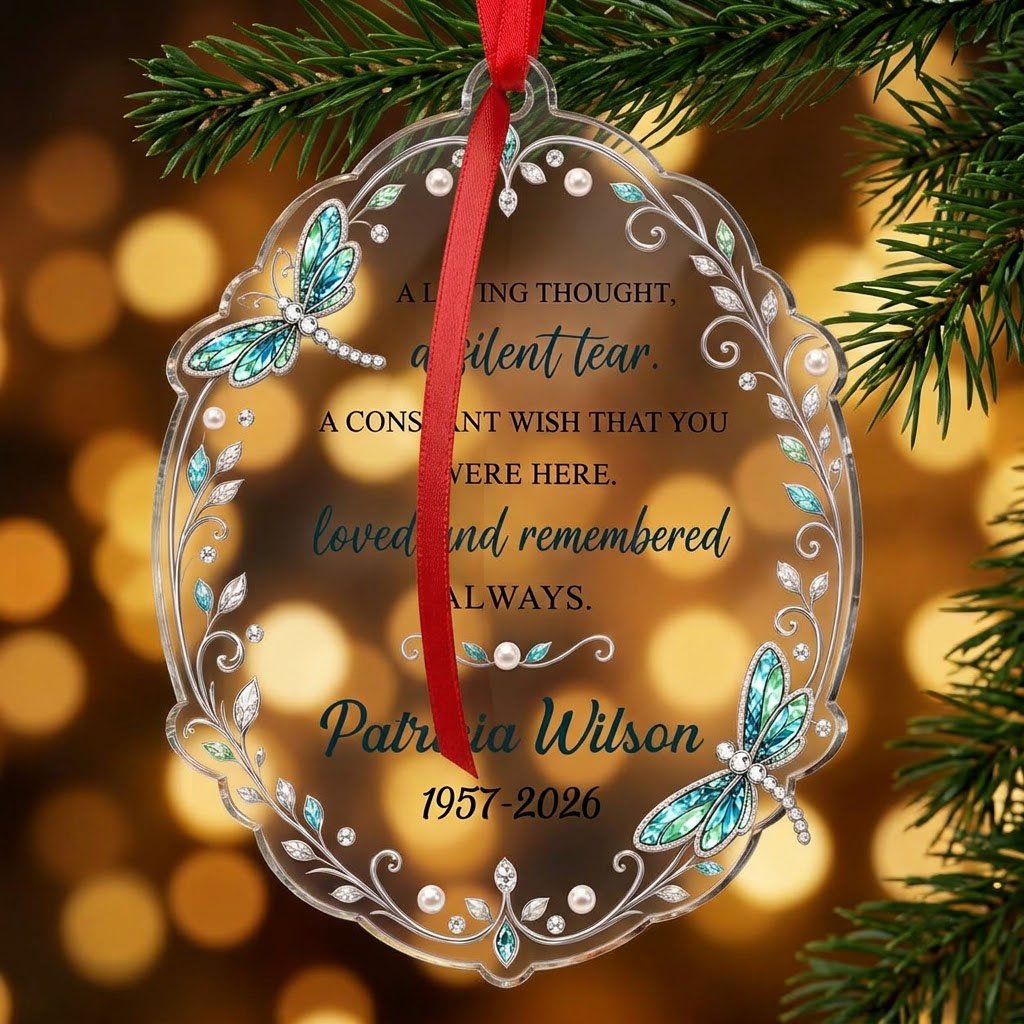 Clear acrylic ornament with teal and blue dragonflies, silver filigree, and a memorial quote with name and dates.
