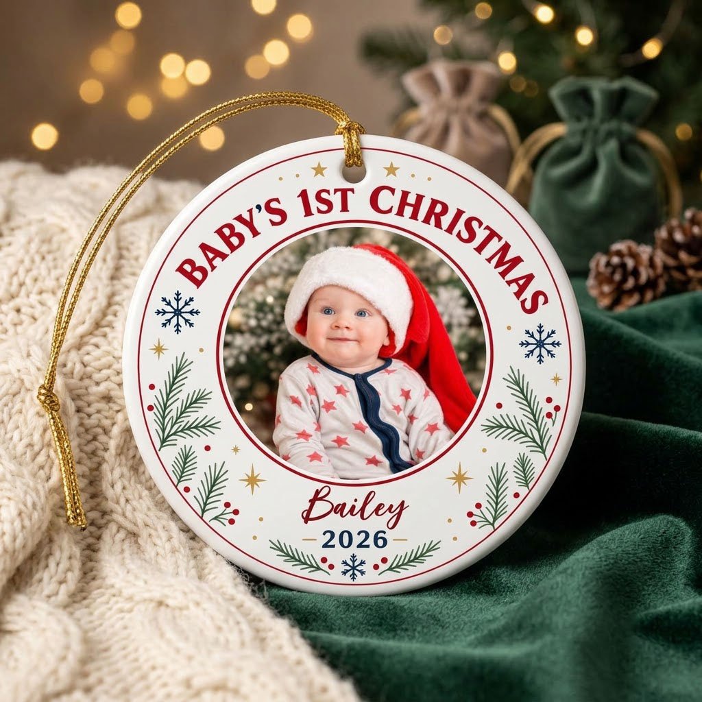 Round ceramic ornament with 'BABY'S 1ST CHRISTMAS', pine sprigs, snowflakes, gold stars, red rings, and a photo frame