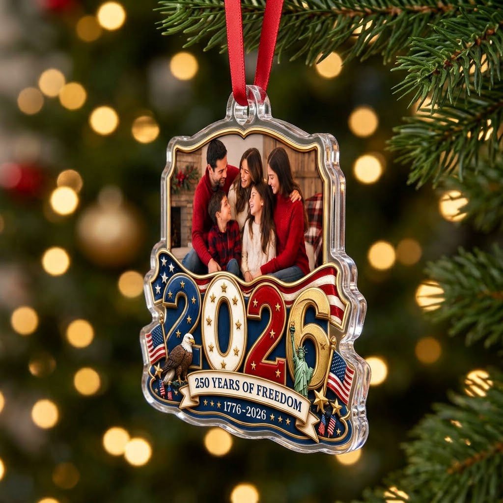 Custom-cut acrylic ornament with '2026', eagle, Statue of Liberty, flags and a gold photo frame.