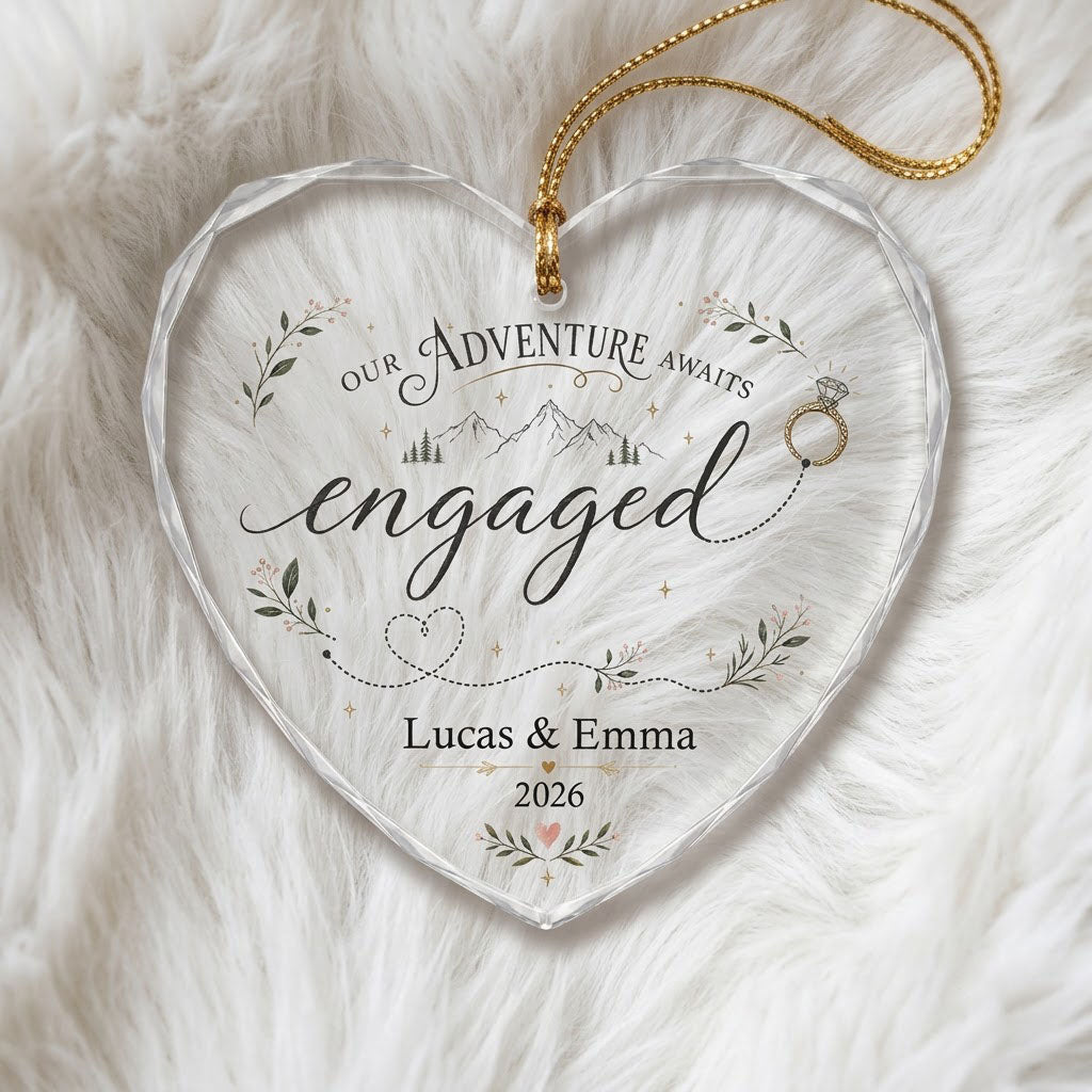 Personalized Our Adventure Awaits Engaged Mountain Heart Glass Ornament