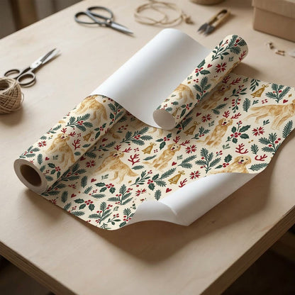 Cream wrapping paper with golden retrievers in red antler headbands, pine sprigs, red berries and gold bells.