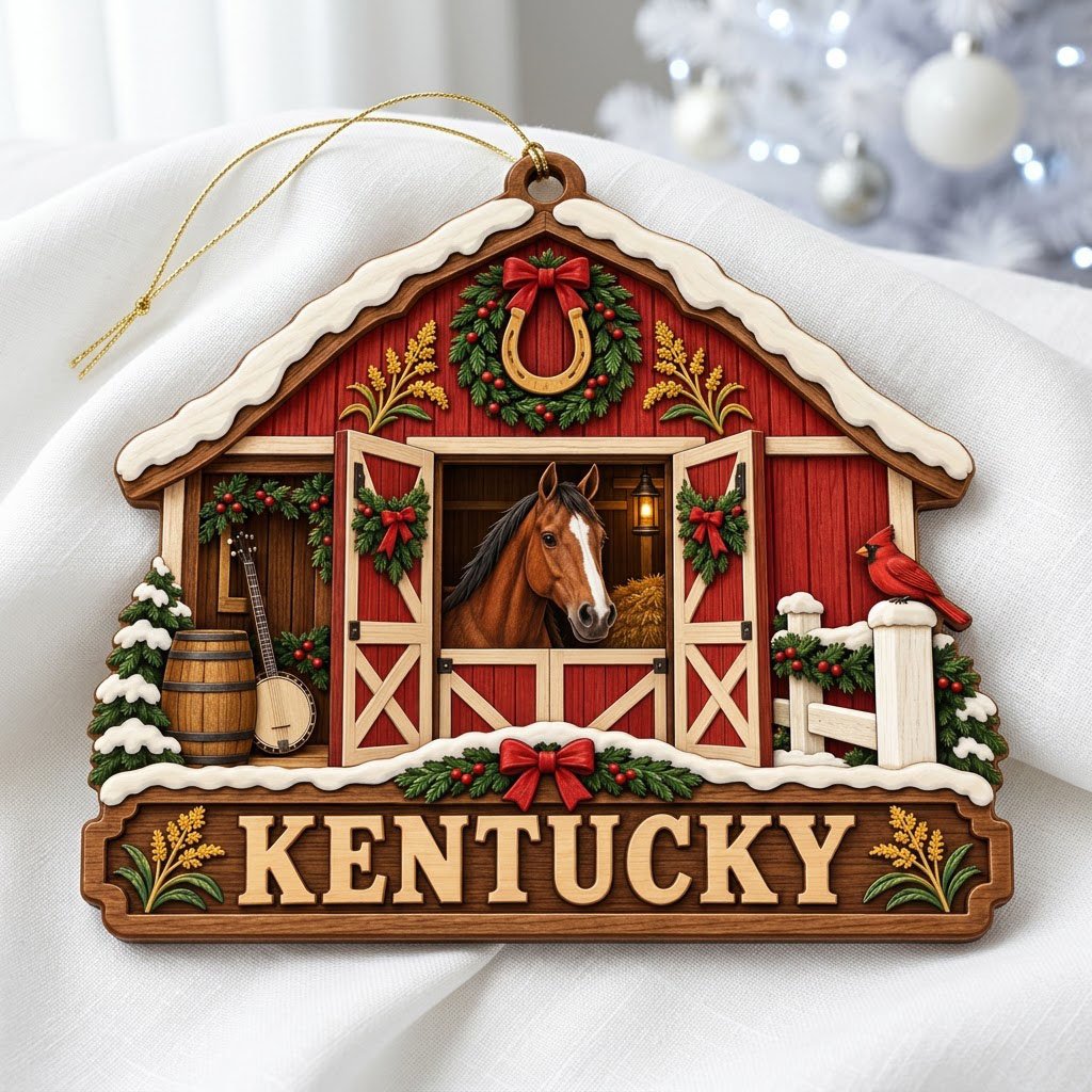 Snow-topped red barn ornament with brown horse, horseshoe wreath, wheat, and “KENTUCKY” text on a barn silhouette.