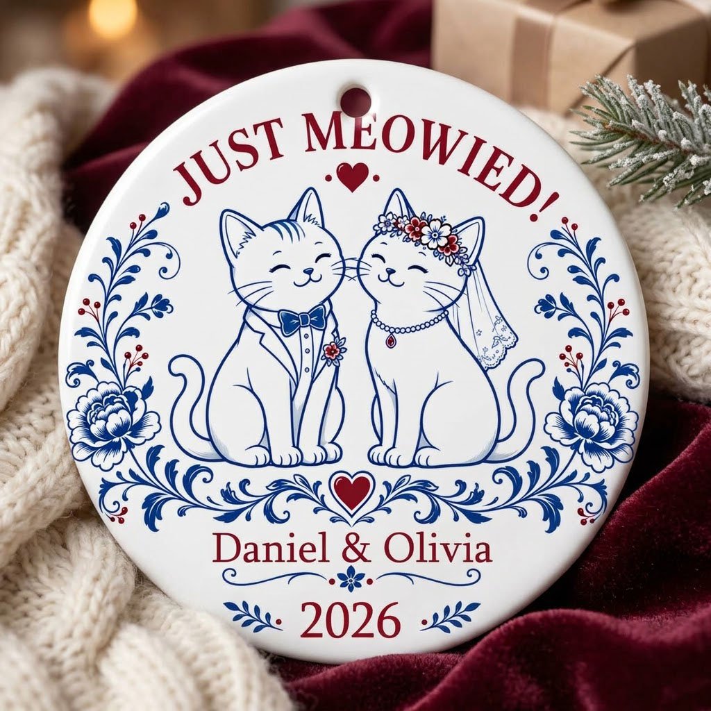 Round ceramic ornament with two wedding cats, 'JUST MEOWIED!', names and year with blue and red folk floral accents