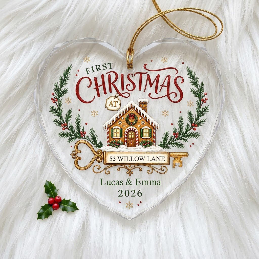 Personalized First Christmas at New Home Gingerbread Key Heart Glass Ornament