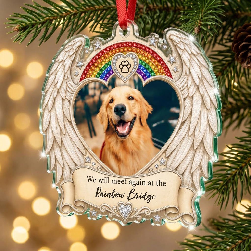 Acrylic ornament with angel wings, heart photo frame, rainbow arch, jeweled paw-print heart and bottom scroll.