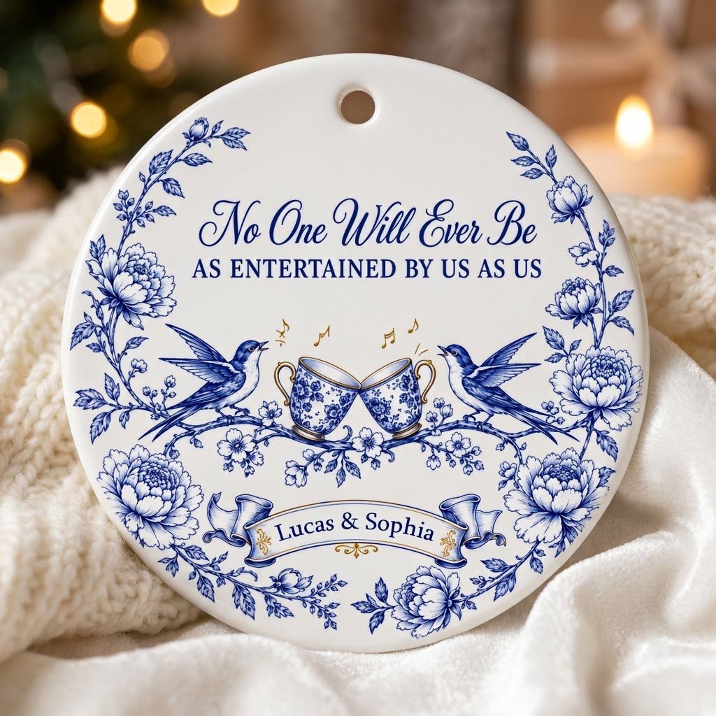 Round ceramic ornament with blue toile border, two birds, clinking floral teacups and gold music notes with two names.