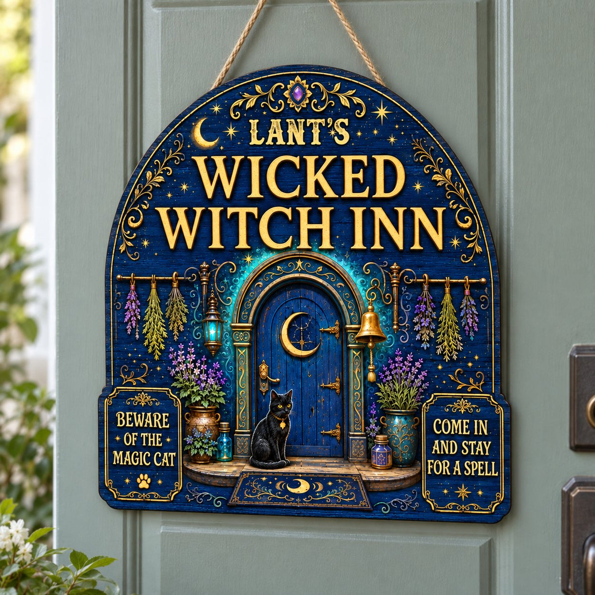 Custom-cut arched blue door wooden sign with black cat, crescent moon, herbs, lantern, bell, lavender and witchy plaques