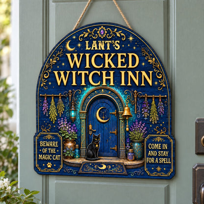Custom-cut arched blue door wooden sign with black cat, crescent moon, herbs, lantern, bell, lavender and witchy plaques
