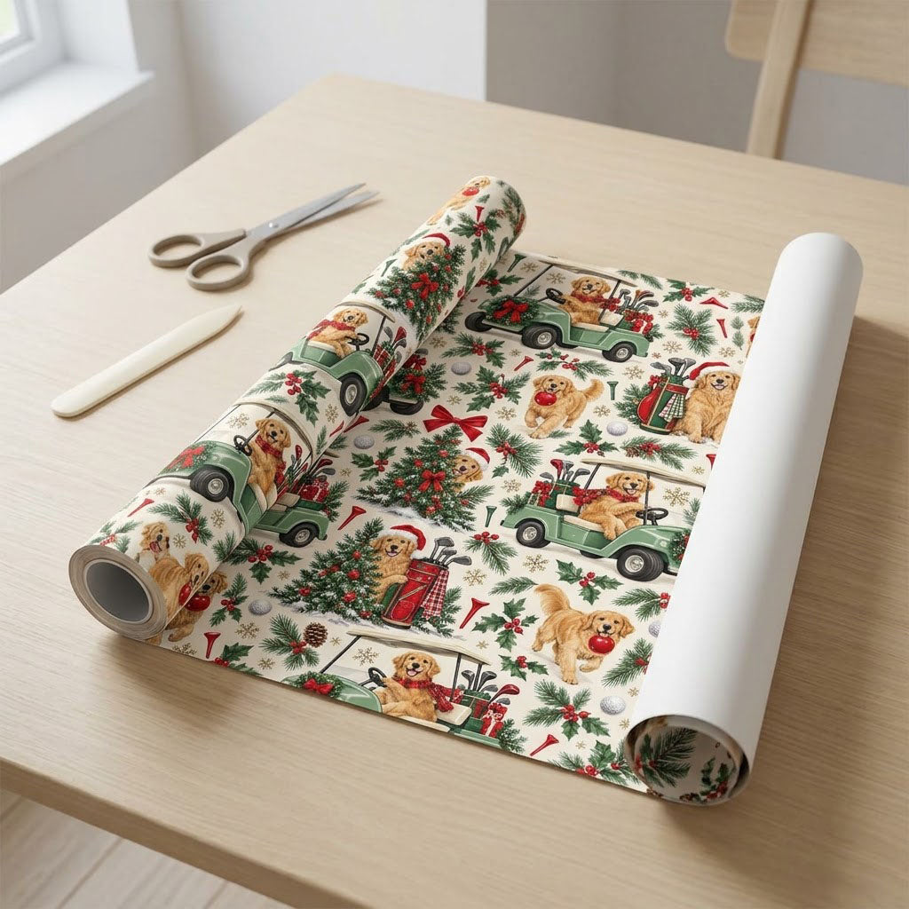 Golden Retrievers in green golf carts, Santa hats, ornaments, golf gear and holly on cream matte wrapping paper.