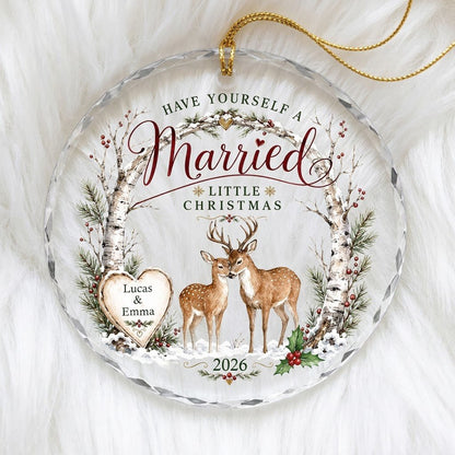 Personalized Have Yourself A Married Little Christmas Birch Deer Round Glass Ornament