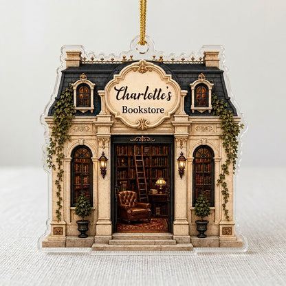 Personalized French Parisian Bookstore Acrylic Ornament, Custom Book Lover Keepsake