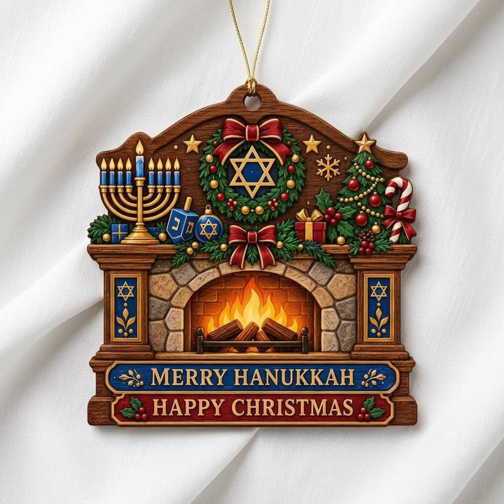 Wood ornament shaped like a fireplace mantel with a menorah, dreidel, wreath, and the words MERRY HANUKKAH and HAPPY CHR