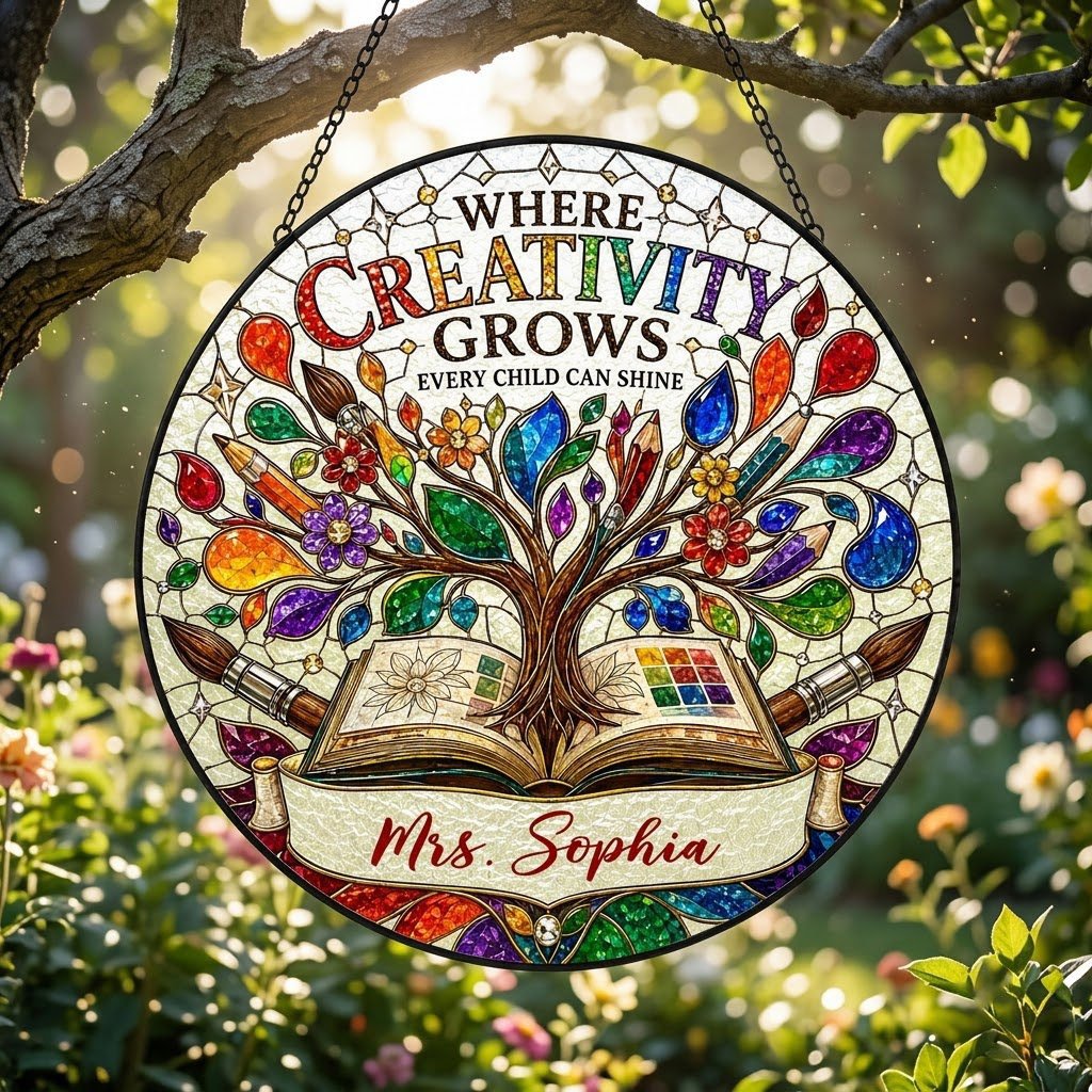 Round stained glass-style suncatcher with tree growing from an open book, paintbrushes, pencils, blossoms, and teacher n