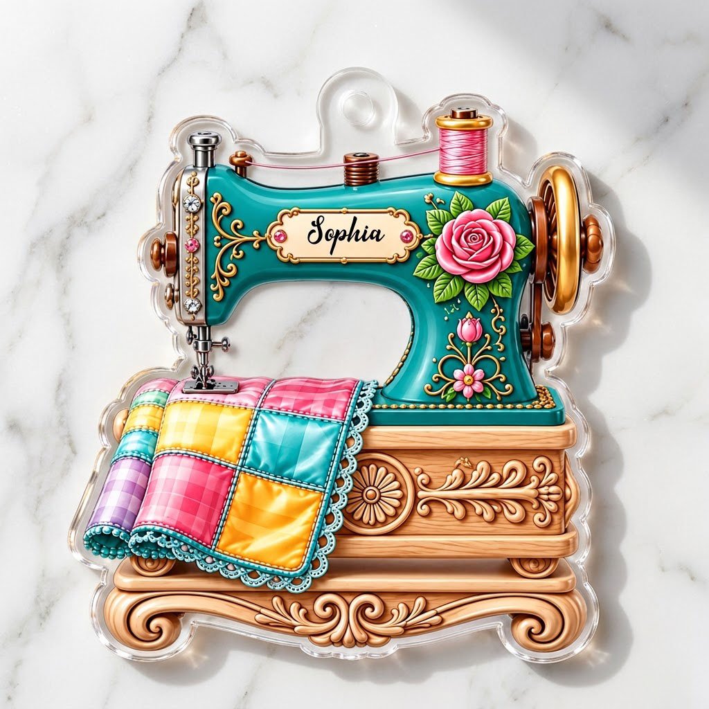 Custom-cut acrylic ornament of a teal vintage sewing machine with a rose and quilt block, personalized with a name.