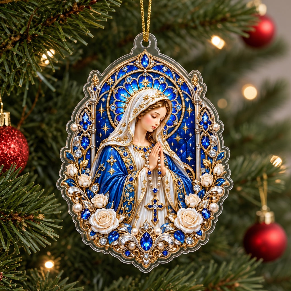 A custom-cut acrylic ornament of the Virgin Mary praying with a rosary, blue mantle, and ornate gold frame.