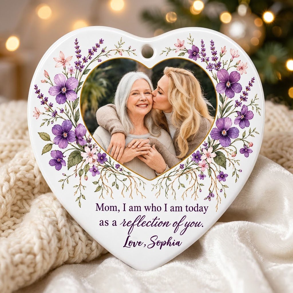 Heart ceramic ornament with a gold-edged heart photo and purple watercolor florals around the message for Mom.