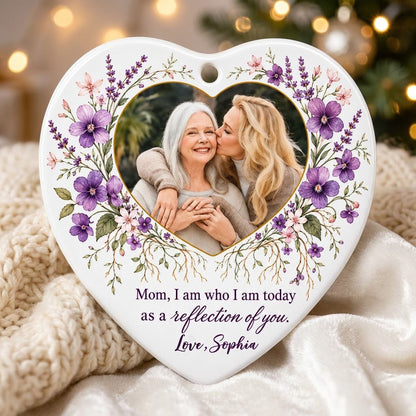 Heart ceramic ornament with a gold-edged heart photo and purple watercolor florals around the message for Mom.