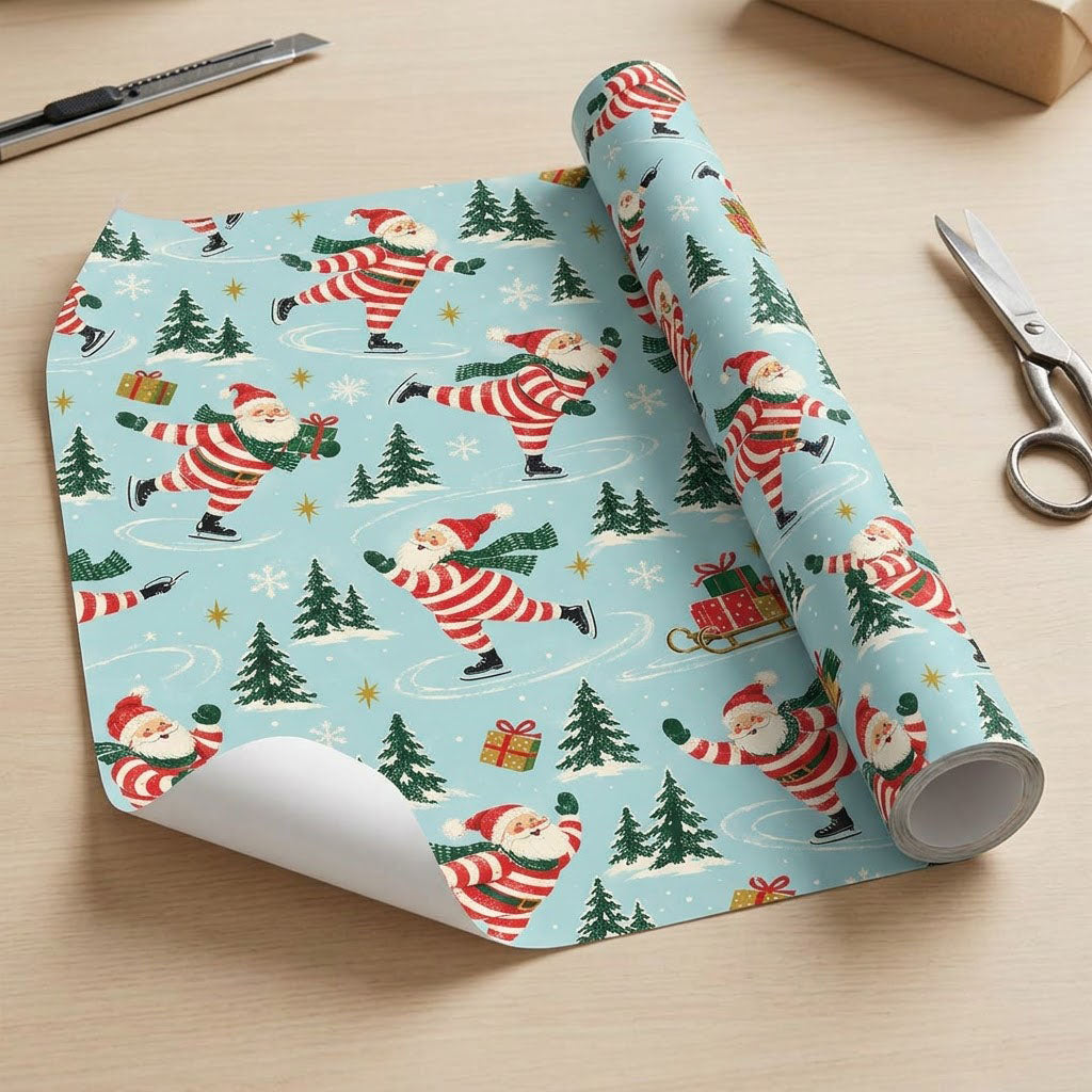 Blue wrapping paper with a pattern of ice-skating Santas, pine trees, sleds of gifts, presents and golden stars.