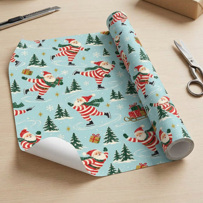 Blue wrapping paper with a pattern of ice-skating Santas, pine trees, sleds of gifts, presents and golden stars.