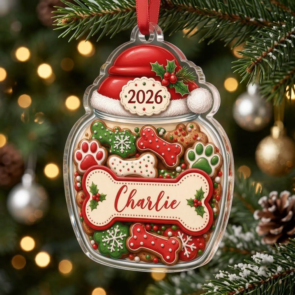Custom-cut acrylic ornament shaped like a cookie jar with Santa hat, dog bone name plaque, and 2026 year badge.