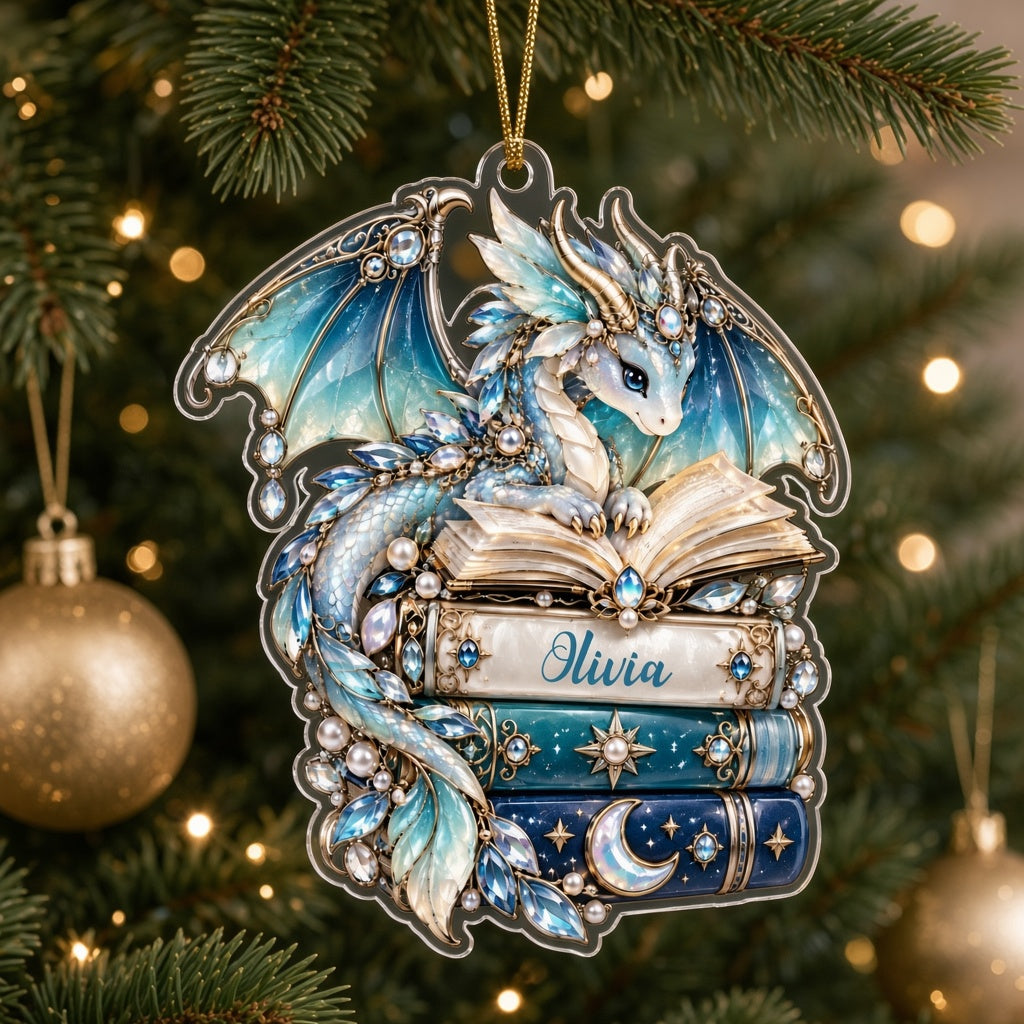 Custom-cut acrylic ornament of a jeweled blue dragon on stacked books with a red ribbon and a personalized name.