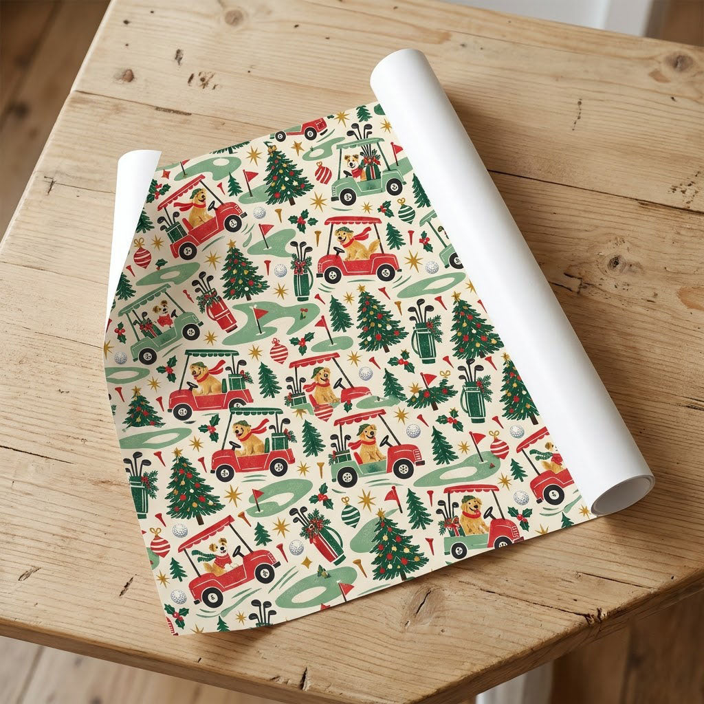 Cream wrapping paper with golden retrievers driving red and green golf carts among Christmas trees and golf icons.