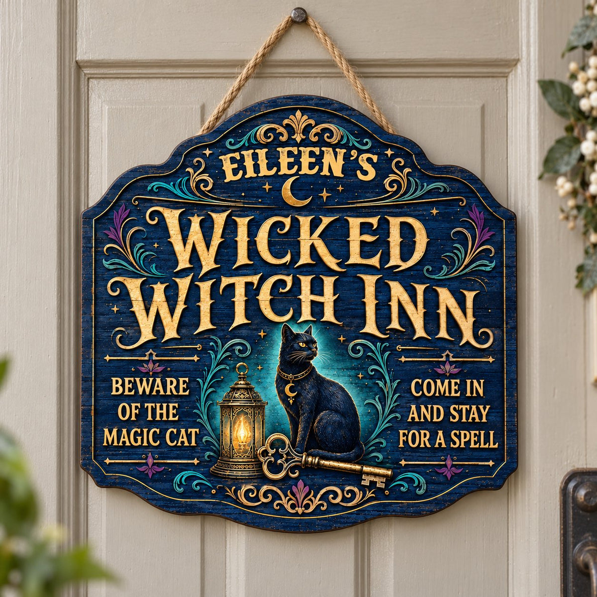 Custom-cut wooden sign with black cat, glowing lantern, golden key, crescent moons, stars, and Wicked Witch Inn text