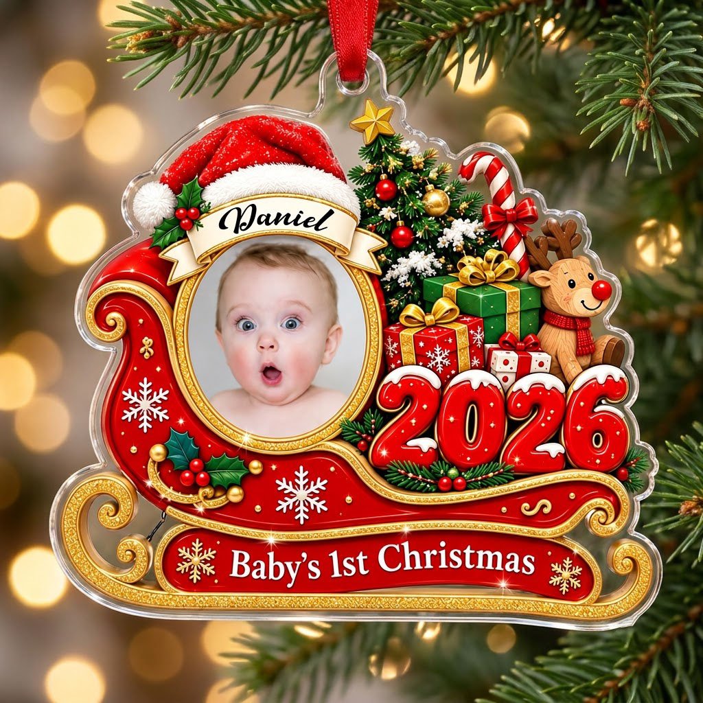 Custom-cut acrylic ornament shaped like a sleigh, reindeer and tree with a photo frame and Baby's 1st Christma text.