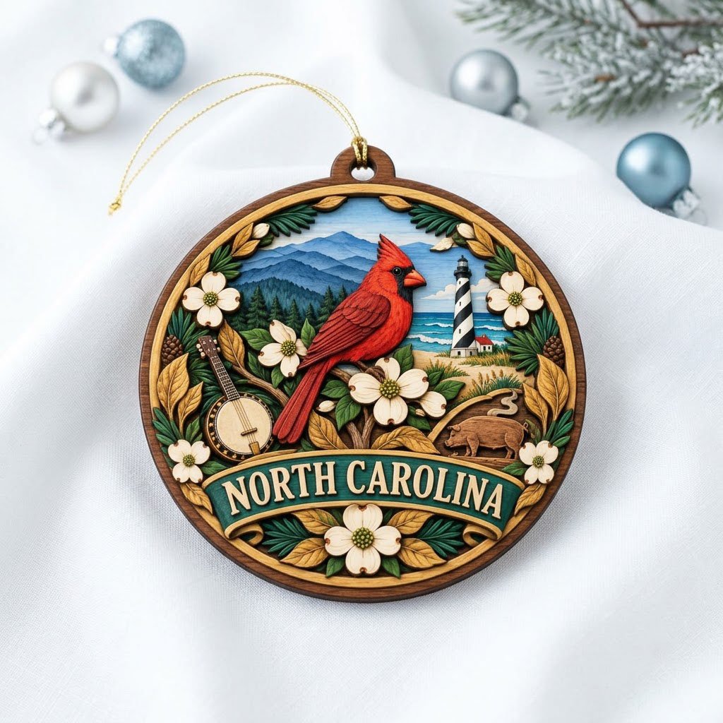 Round ornament with red cardinal, dogwood flowers, mountains, lighthouse, banjo, and 'NORTH CAROLINA' text.