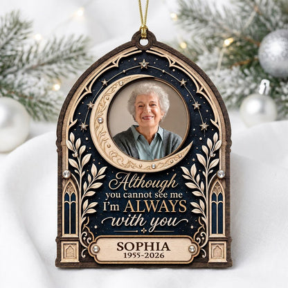 Gothic arch memorial wood ornament with crescent moon photo frame and starry sky with rhinestone accents.