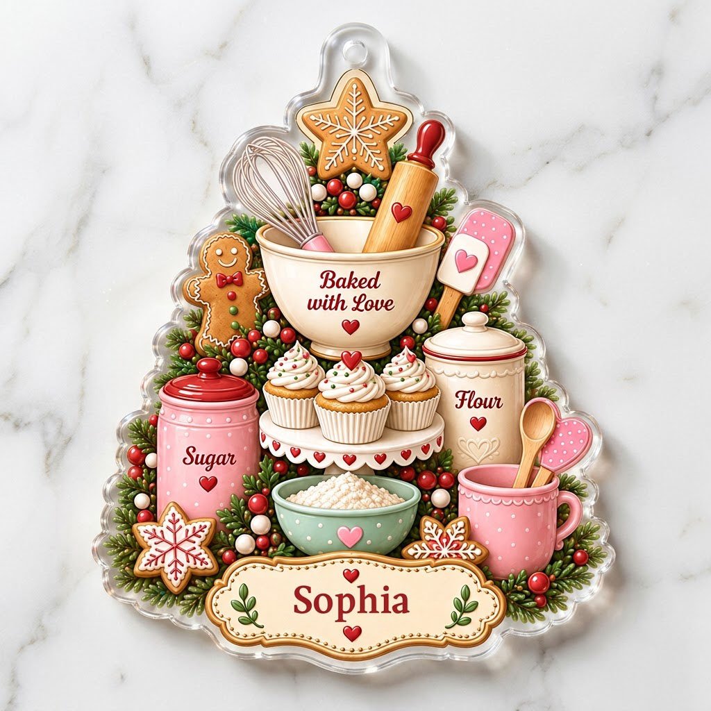 Baking-themed tree acrylic ornament with gingerbread star, cupcakes, utensils, and a name banner.